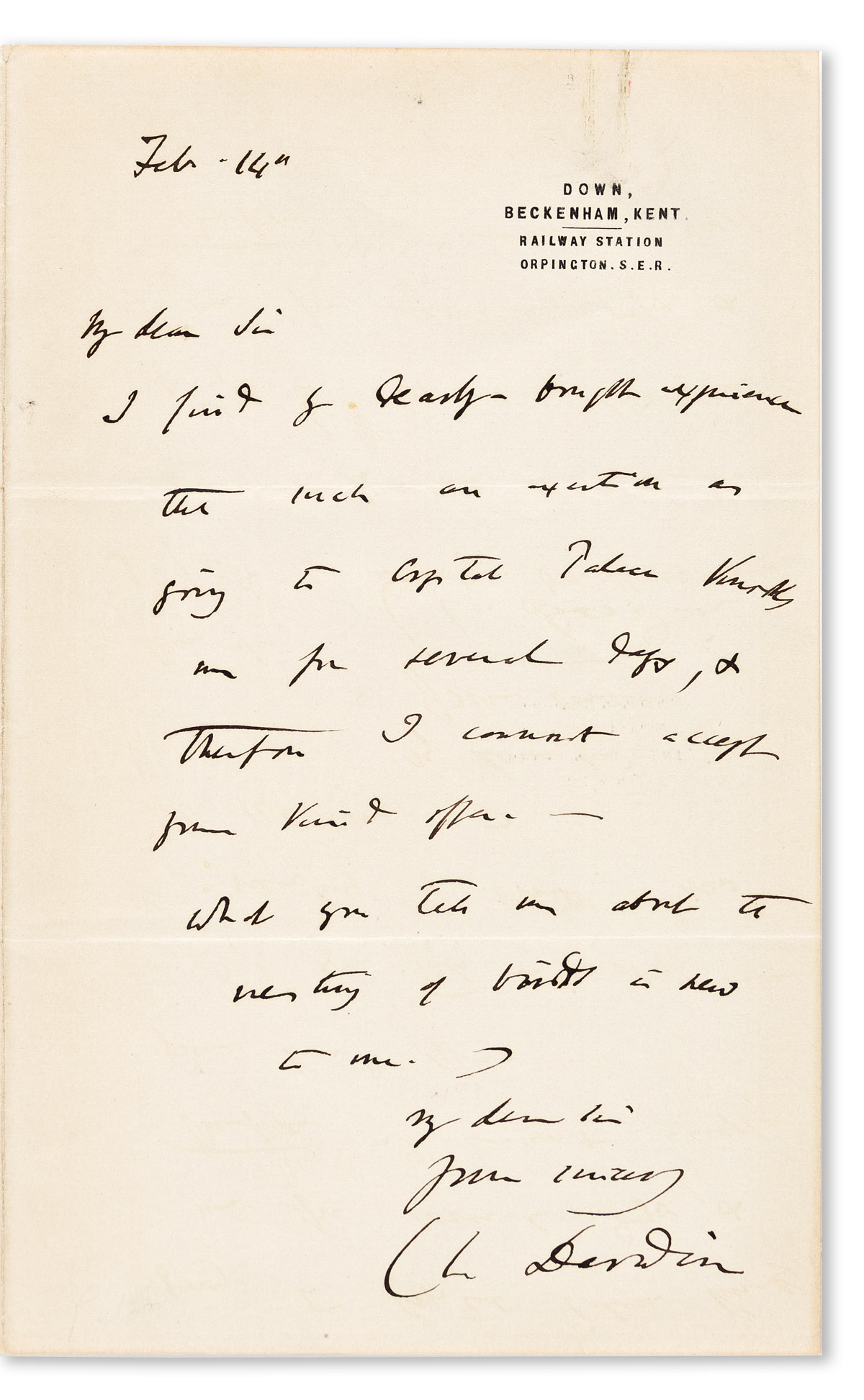 (SCIENTISTS.) DARWIN, CHARLES. Autograph Letter Signed, Ch Darwin, to My dear Sir,